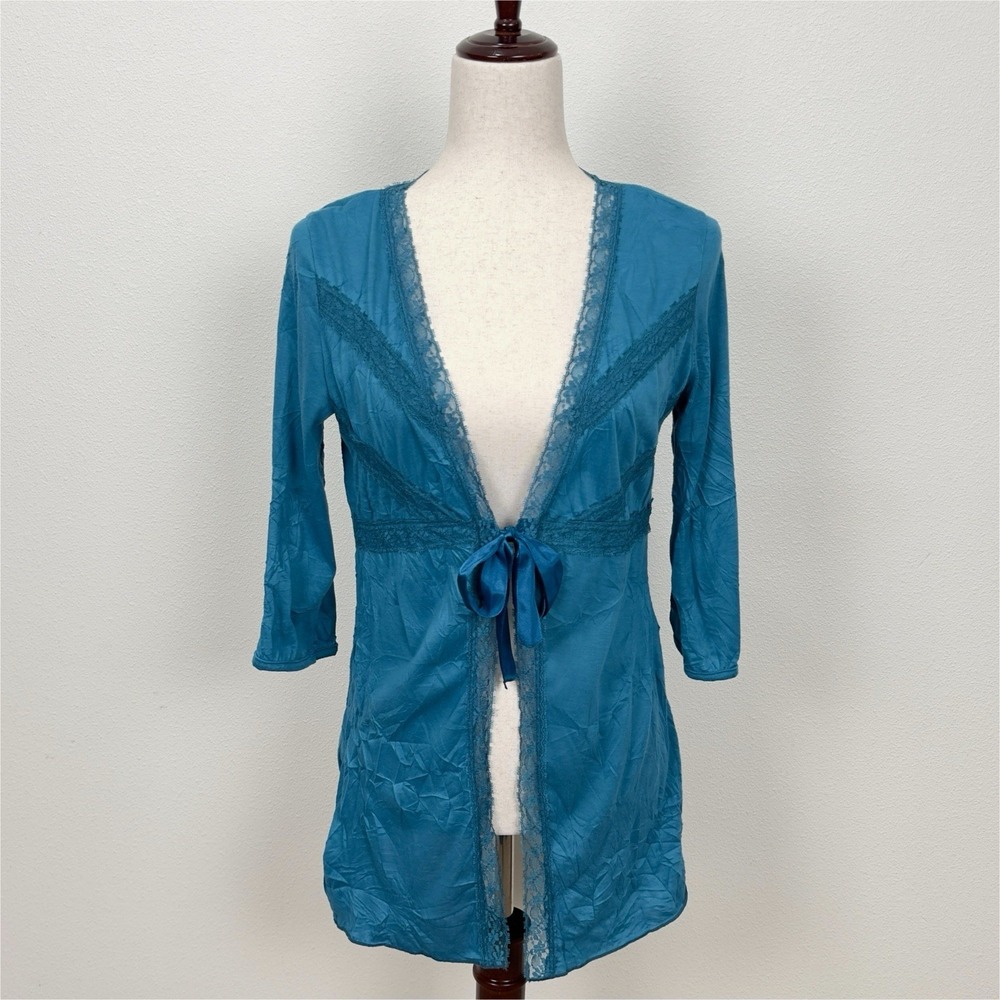 Vtg 90s Lily White Top Womens Large‎ Blue Lace Crinkled Feminine Coquette Fairy